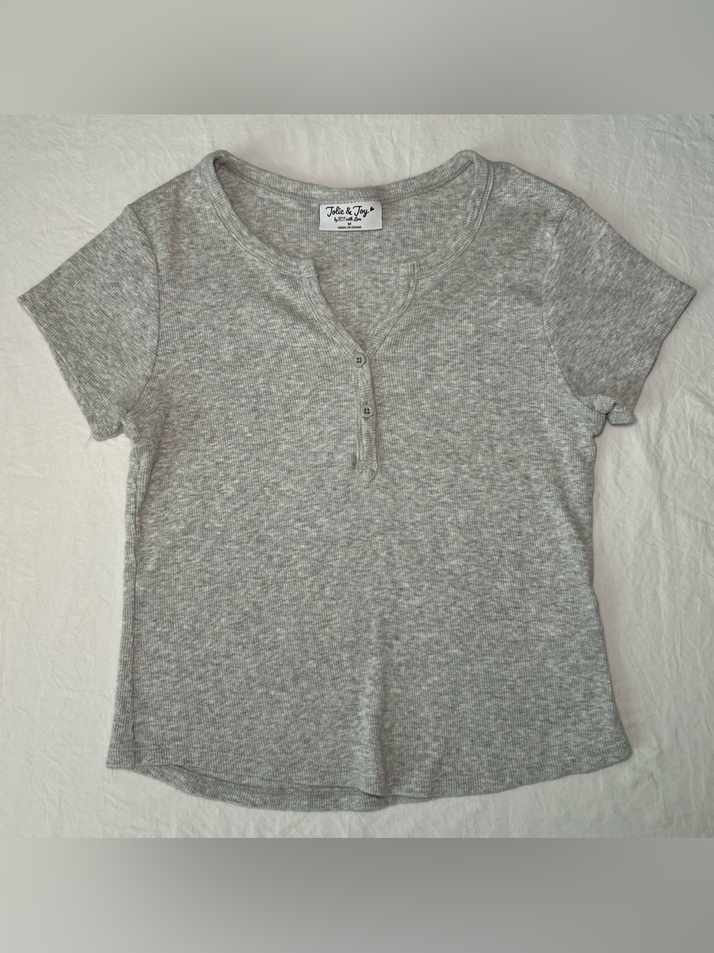 Jolie & Joy Grey Ribbed Short Sleeve Henley Top Split Neck Size M